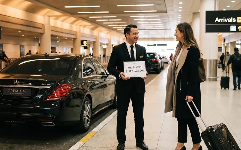 سائق بالبدلة يستقبل مسافرة بجانب سيارة سوداء في صالة الوصول بالمطار
