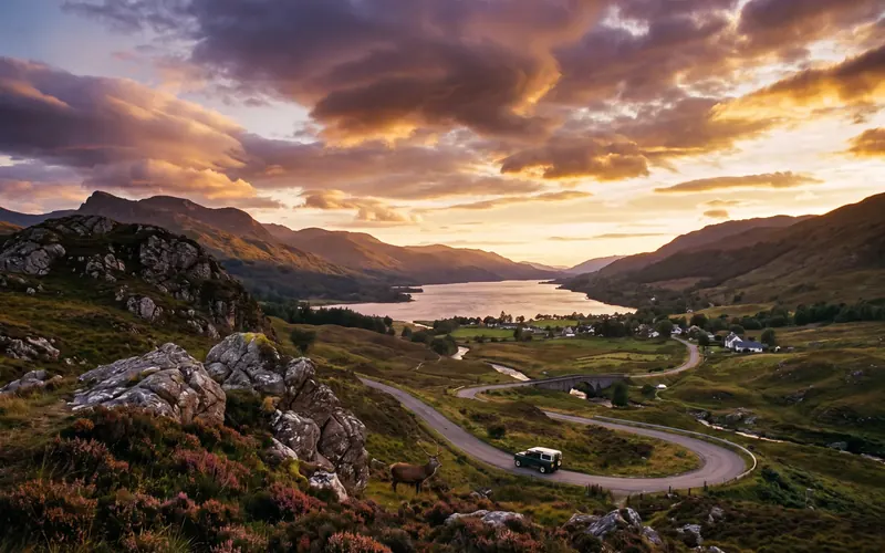 Sunset over a Scottish Highland loch with a winding road through the hills
