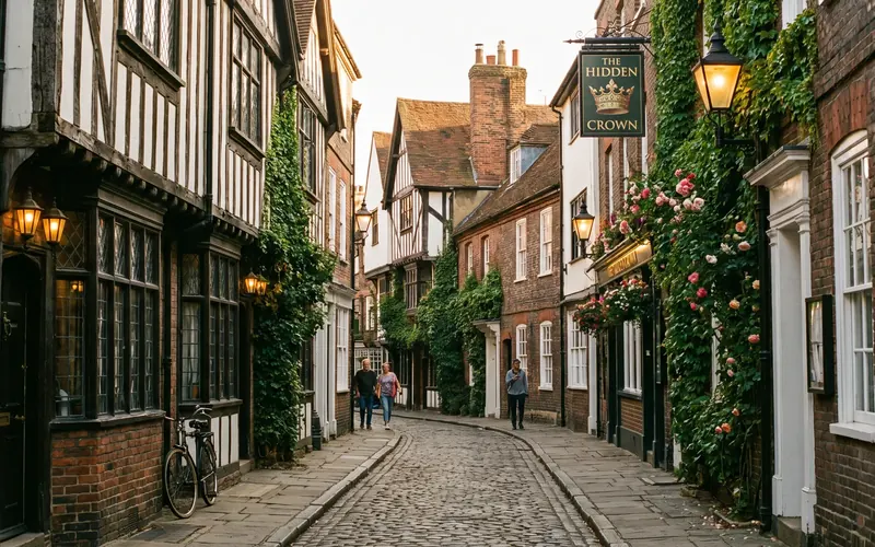Timber-framed buildings along a cobbled lane in a historic English town