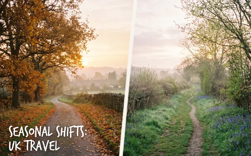 Countryside path in autumn and in spring, side by side, showing the seasons of the UK